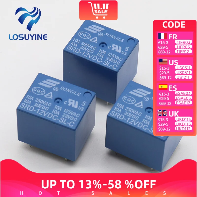 

5 шт., реле мощности переменного тока, 12 В постоянного тока, 10 А, 250 В