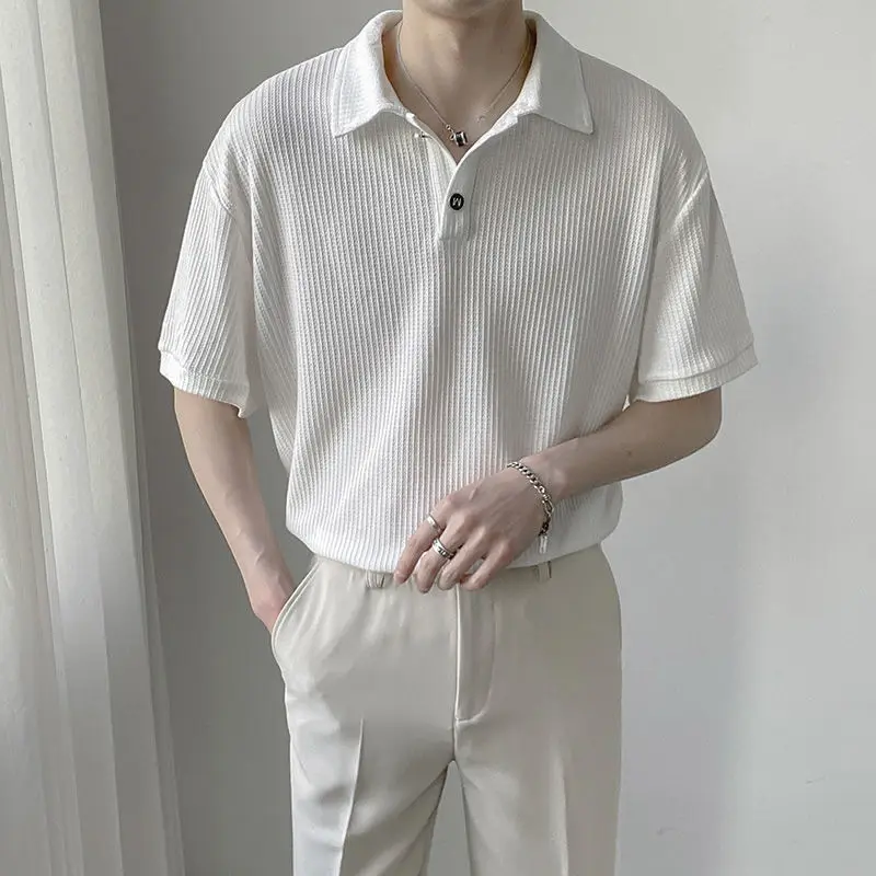 

Waffle T Shirt for Men Short Sleeve Polo Shirt Ruffle Shirts and Blouses Polo Neck Men Clothing Casual Camisas De Hombre