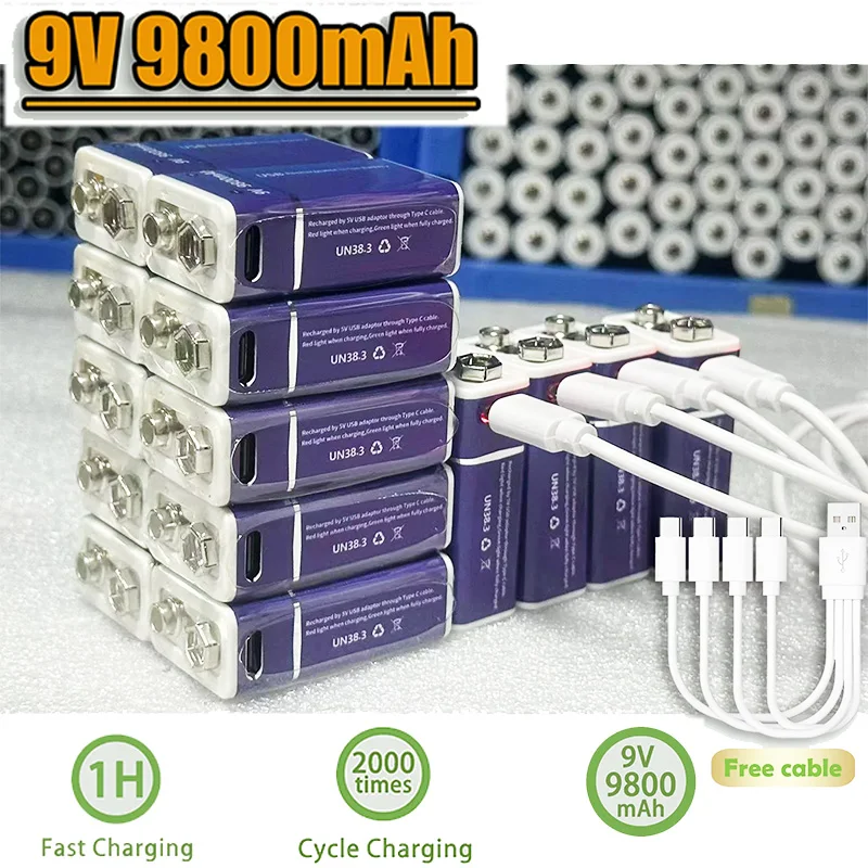 9Volt PP3 6F22 Li-ion Rechargeable Battery Type-C Charging High Capacity for Multimeter, Microphone, Smoke Detector, KTV & Toy