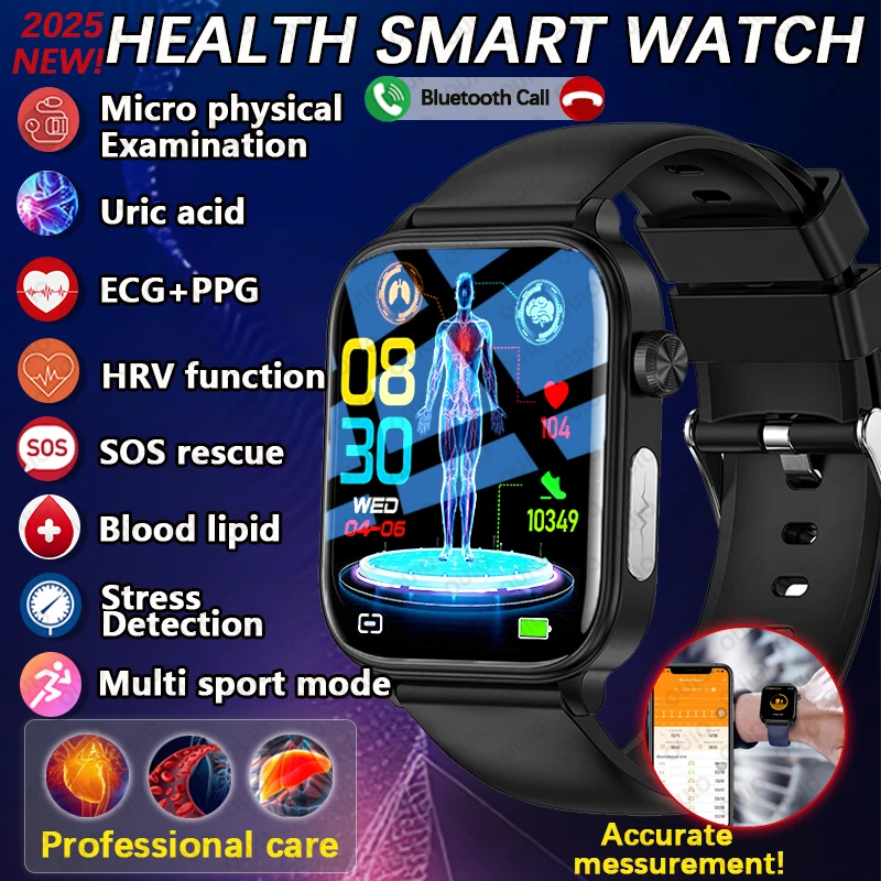 

2025 New Men Smart Watch ECG+PPG+HRV Blood Lipid Uric Acid Health Monitor Bluetooth SOS Rescue Physical Health Men Smart Watch