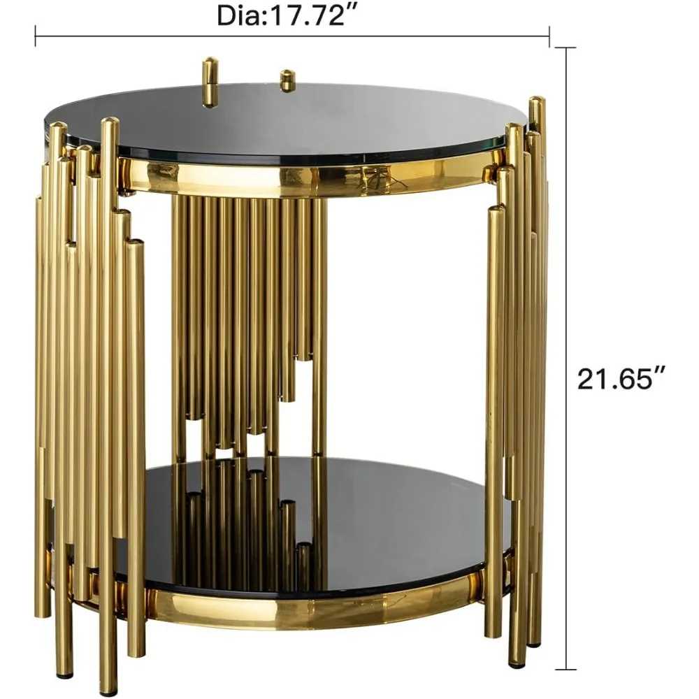 Luxury Modern 2 Tier Black Tempered Glass top Round Side Table with Gold Stainless Steel Frame, Elegant End Table for Living Roo