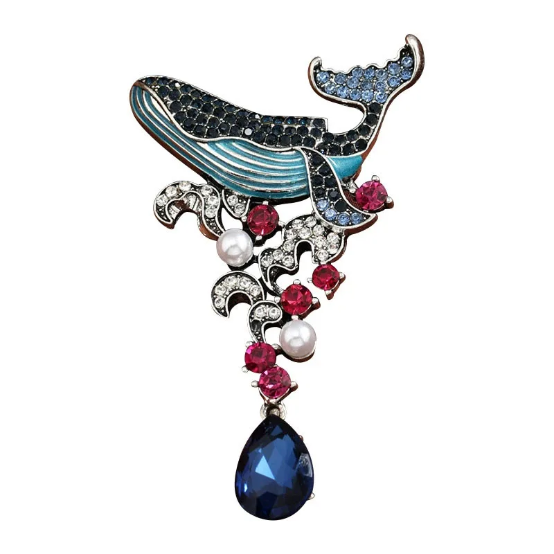 Vintage Colored Rhinestone Blue Whale Zircon Pendant Brooches For Women Fashion Pearl Sea Animal Pins Jewelry Party Office Gift