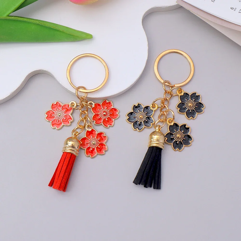 Neo-chinese Style Flower Keychain Cute Alloy Sakura Key Ring with Tassel Pendant for Women Bag Car Decor DIY Accessories Gift