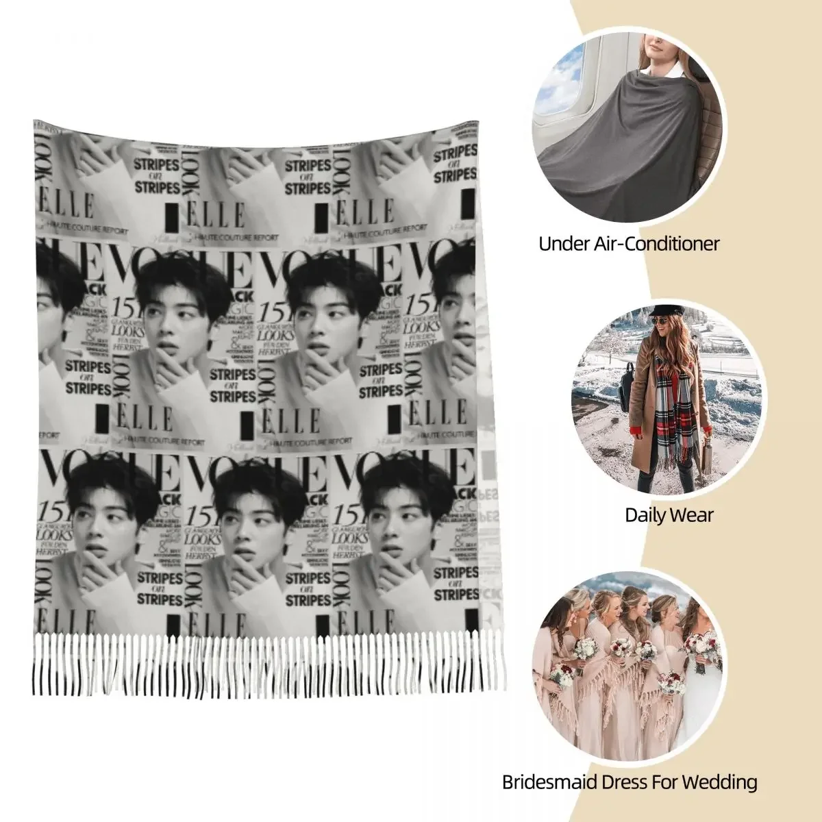 Cha EunWoo Kpop أسترو وشاح شرابة الأوشحة النساء شالات دافئة ناعمة ويلتف كبير الخريف الشتاء شال التفاف