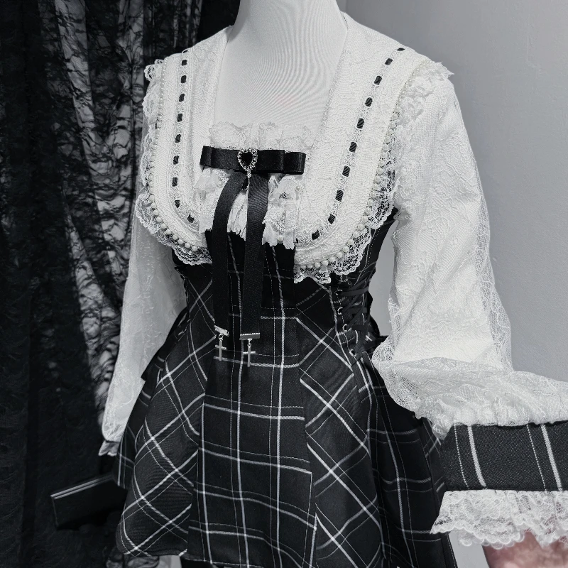 日本製大量生産スクエアネック長袖レースエッジボウラインストーン黒格子柄ドレスレースショーツロリータセット女性用
