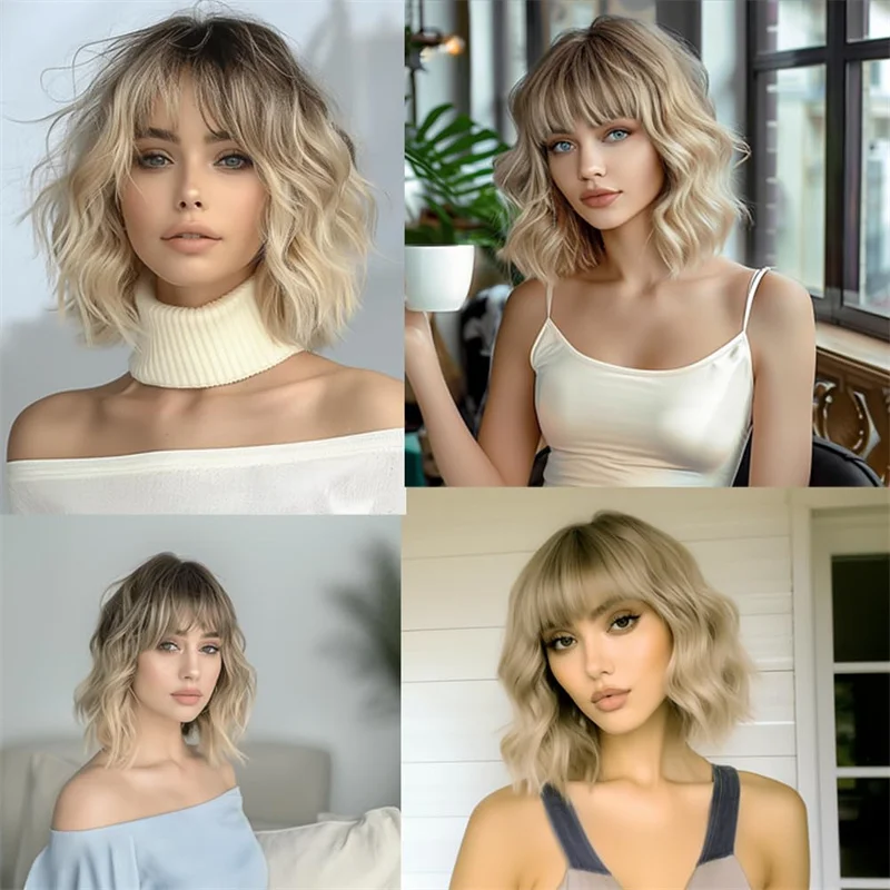 Ombre Blonde Human Hair Wigs for Ladies 100% Real Brazilian Virgin Hair Lace Frontal Wig with Bangs Short Bob Wigs Cheap Qearl