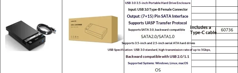UGREEN 60736 3.5 Inch HDD Enclosure USB 3.0 Type C 5Gbps External Hard Drive Case for Desktop PC