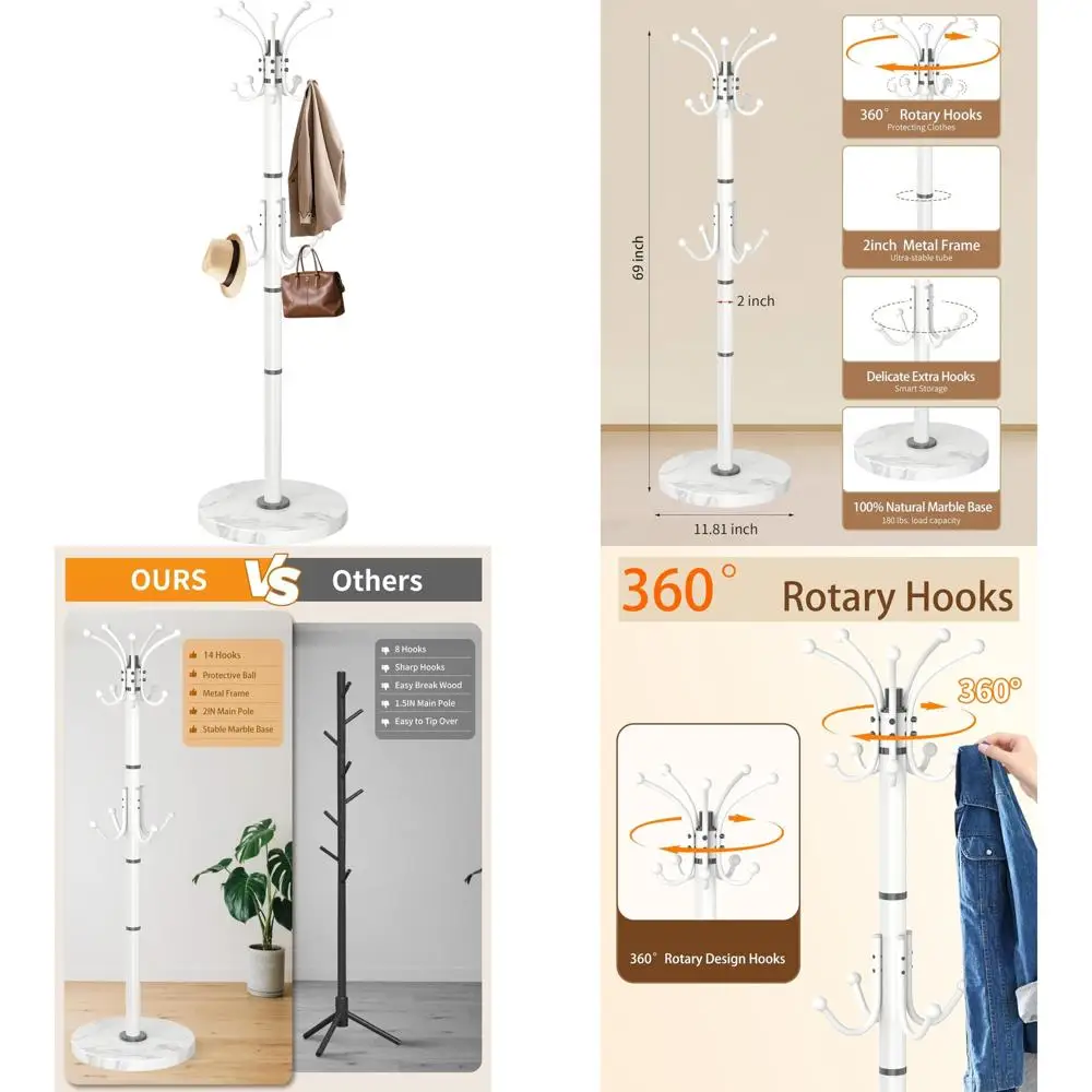 

360° Rotating Metal Coat Rack Stand with Natural Marble Base, Freestanding White Coat Racks and Hooks for Modern Home Decor