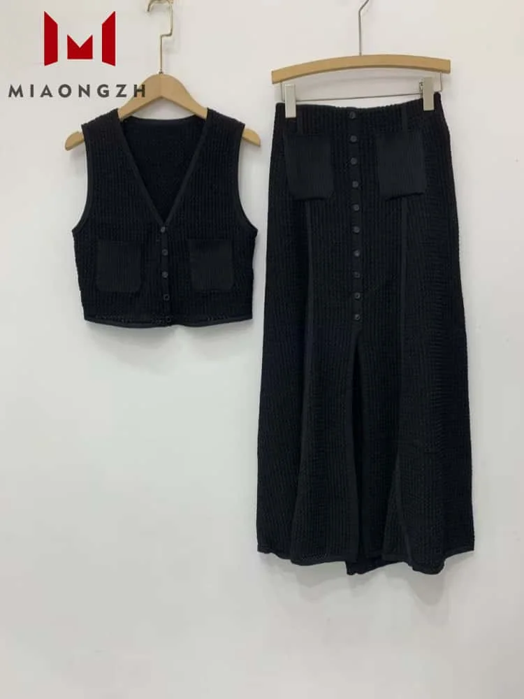 

French Elegance New Two Piece Set Cardigan For Women V Neck Single Button Hollow Out Vest Short Top or Black Skirt Knitted Sets