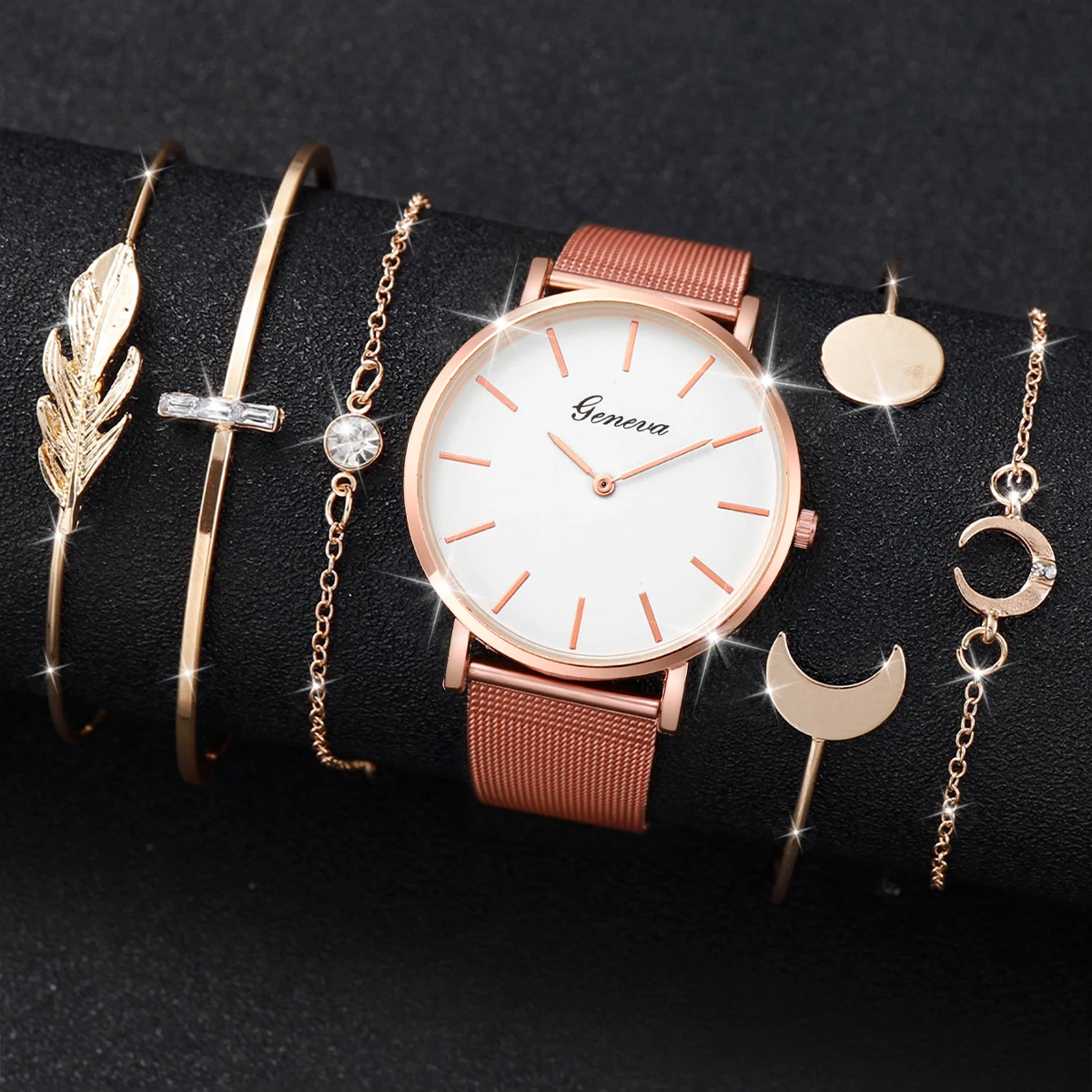 

6Pcs/Set Fashion Women's Watch Neutral Mesh Strap Watch Casual Round Dial Quartz Watch with Gold Bracelet Set