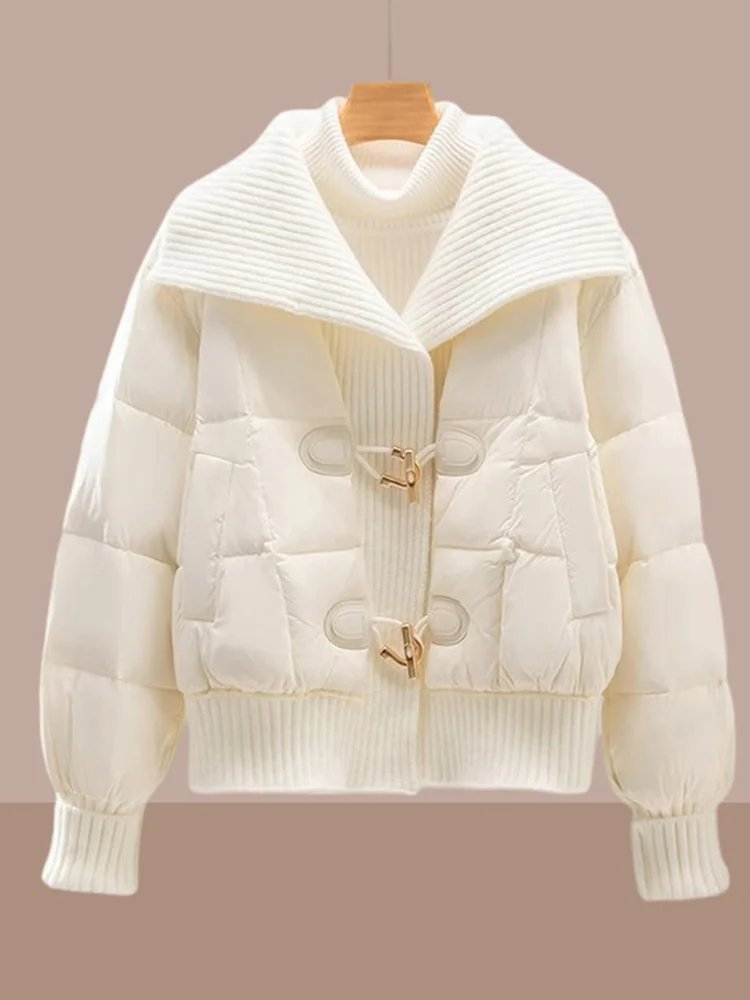 

White Knitted Stand Collar Cotton Jacket Women's Short Style Fashionable Warm Design Trendy Outerwear Winter New Arrival