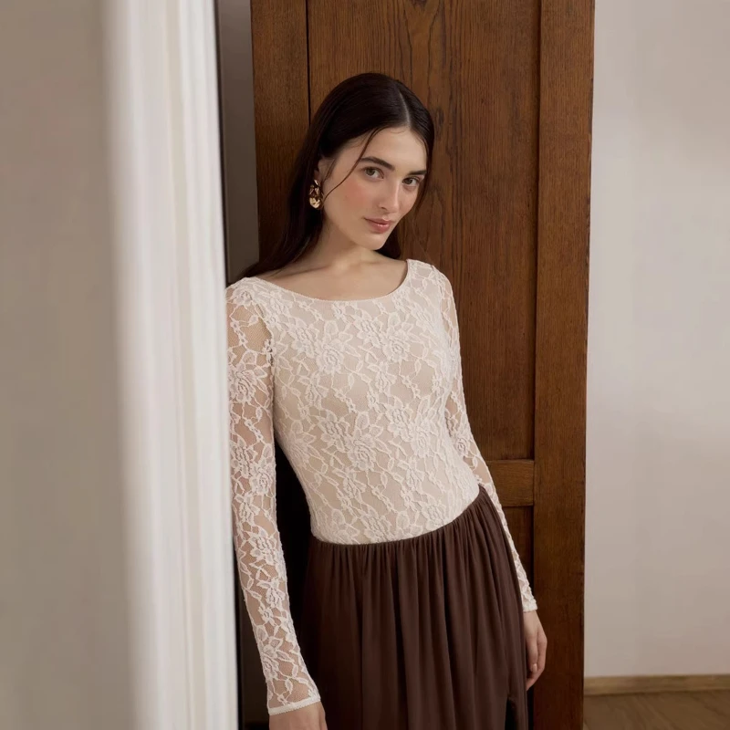 

2026 Spring and Summer New Long Sleeve Lace U Neck Hollow Slimming T-shirt for Women