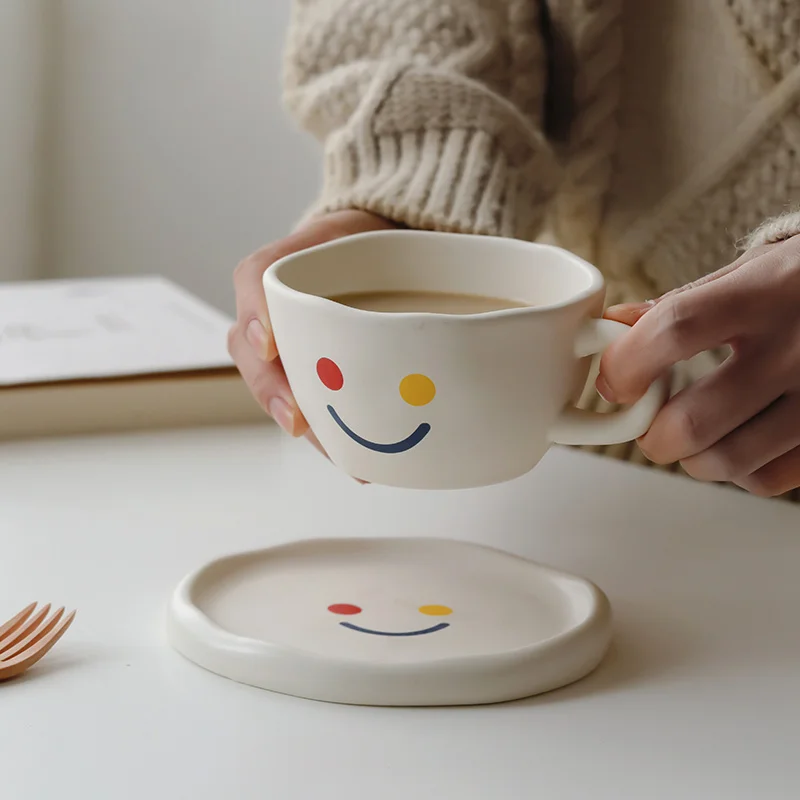 Nordic Cute Style High Temperature Fired Ceramics Cup and Saucer Set Handmade Simple Smiling Face Pattern Coffee Afternoon Tea