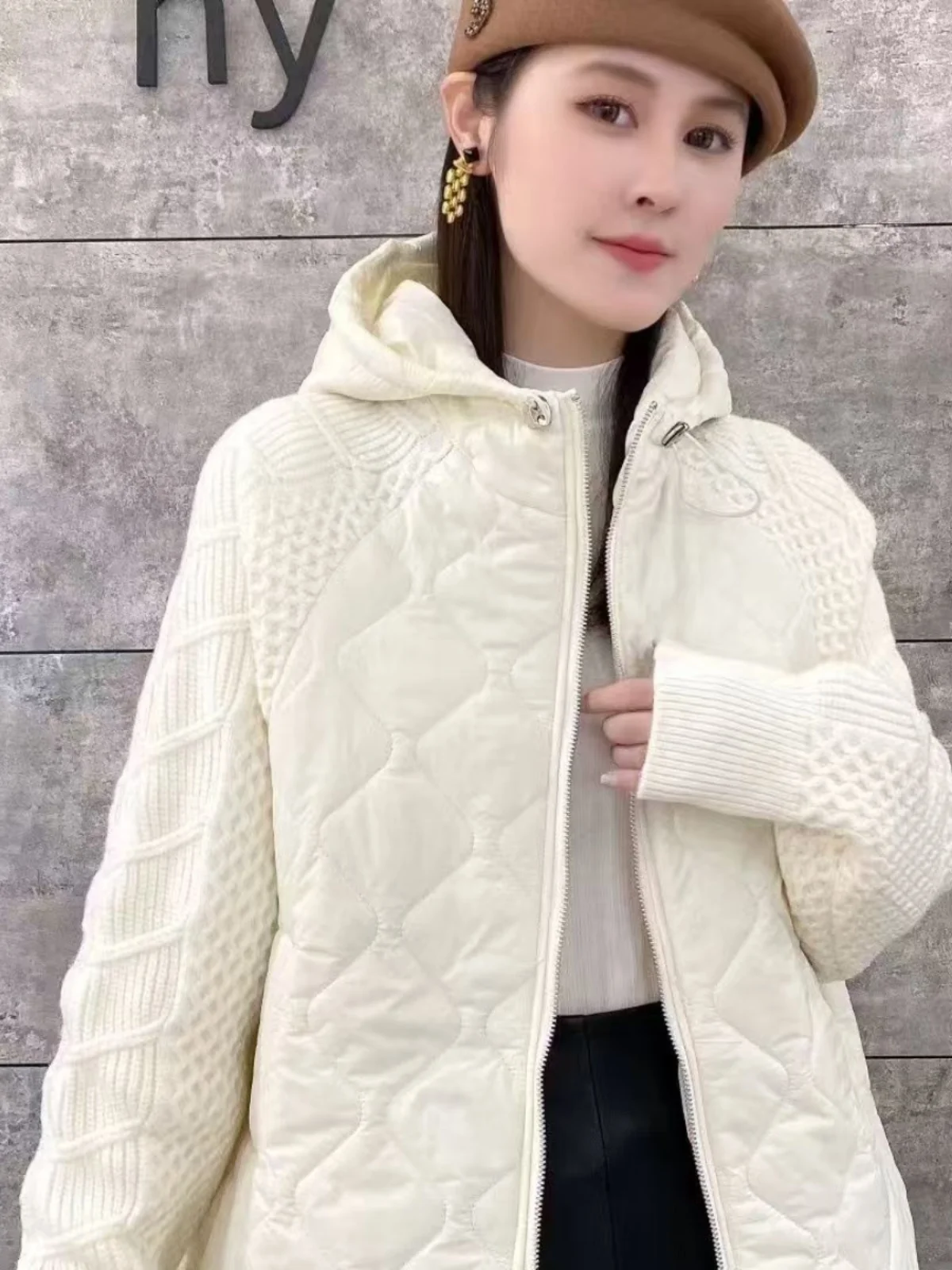 

Hooded Patchwork Cotton Jaet Women's ort 2024 New Autumn Winter Knitted Cardigan Coat Thiened Long Sve Zipper ...