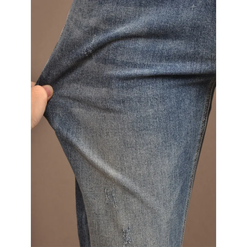 Retro Worn Jeans Men's Fashion Embroidered Printed Stretch Slim Straight High-End Fashion All-Matching Skinny Trousers