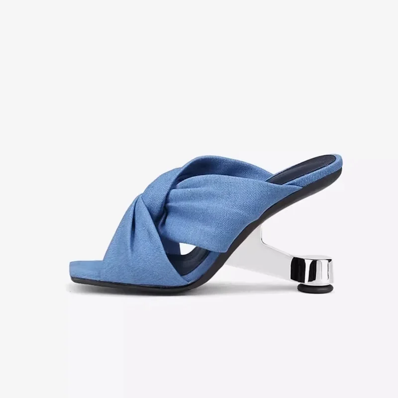 Women Denim Sandals Sexy Slippers Slip On Cowgirls Fashion Pumps Summer Bowtie Shoes European Style Strange Heel Shoes