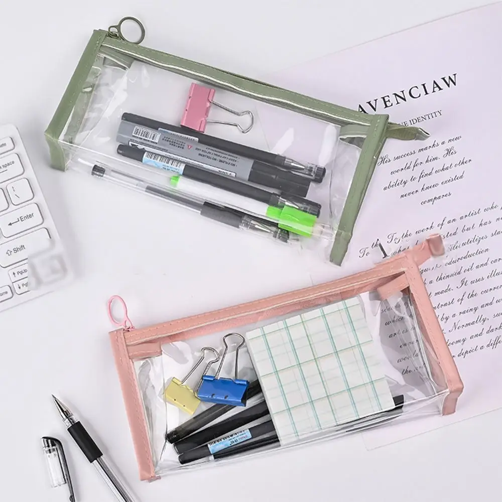 Office School Supplies Transparent Triangular Pencil Case With Zipper Large Capacity Storage Bag PVC Cosmetic Bag Kids