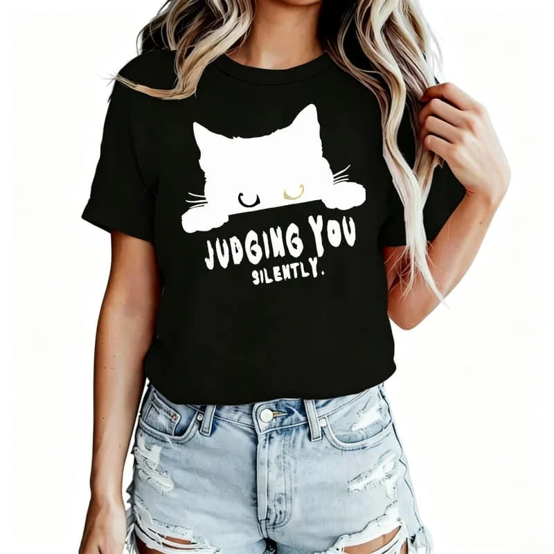 Kitten Print Women's T-Shirt 100% Cotton Funny Graphic Short Sleeve Tee Novelty Shirt Casual Crew Neck Top S-5Xl