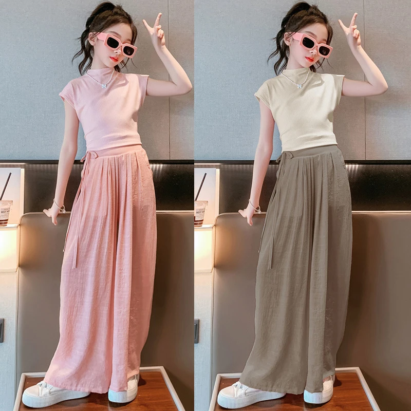 

Summer Teen Girls Clothing Sets Fashion Slim Tops + Wide Leg Pants 2Pcs Outfits Kids Birthday Party Princess Costume 4-12 Years