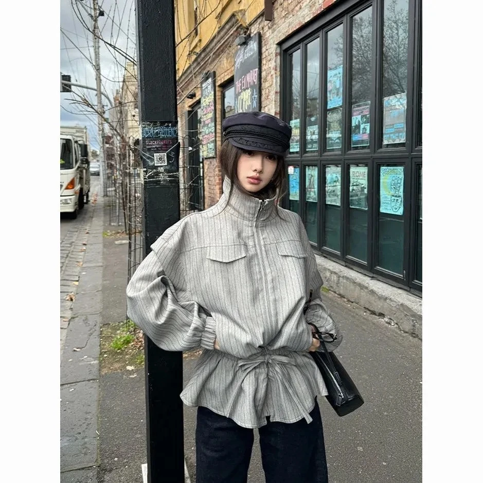 Striped Waist Drawstring Jacket for Women 2025 Autumn New Loose Short Windbreaker Zipper Jacket