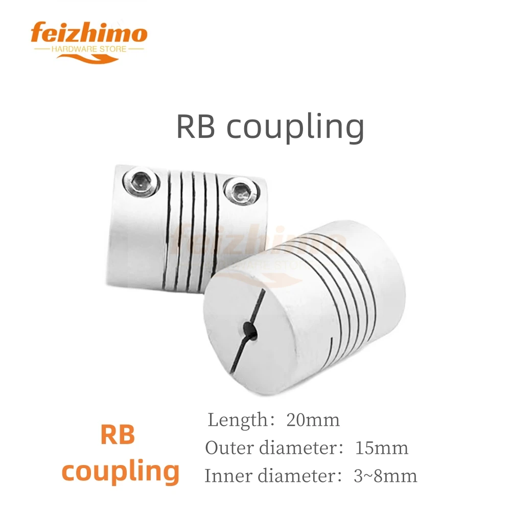 RB Aluminum Alloy Clamping Coupling Elastic Motor Threaded Coupling, Outer Diameter 15mm, Length 20mm Inner Diameter 3mm-8mm RB