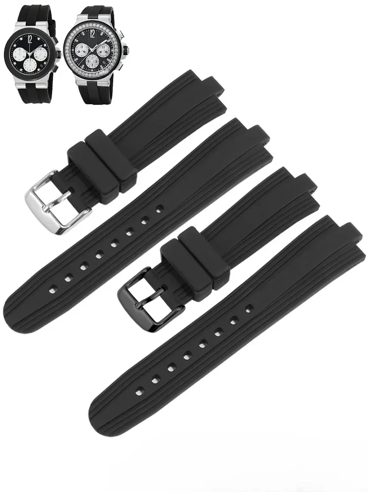 For Bvlgari Diagono Convex Joint Black Rubber Watch Strap Waterproof Sweat-Proof Silicone Watchband Accessories 22 * 7mm