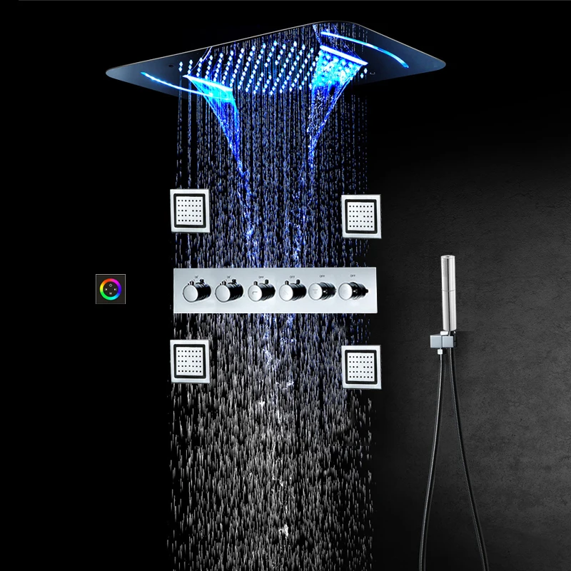 

5 Functions Thermostatic Shower Systems Embedded 22.8x14.9 Inch High Pressure Rain LED ShowerHeads Bathroom Shower Faucets Brass