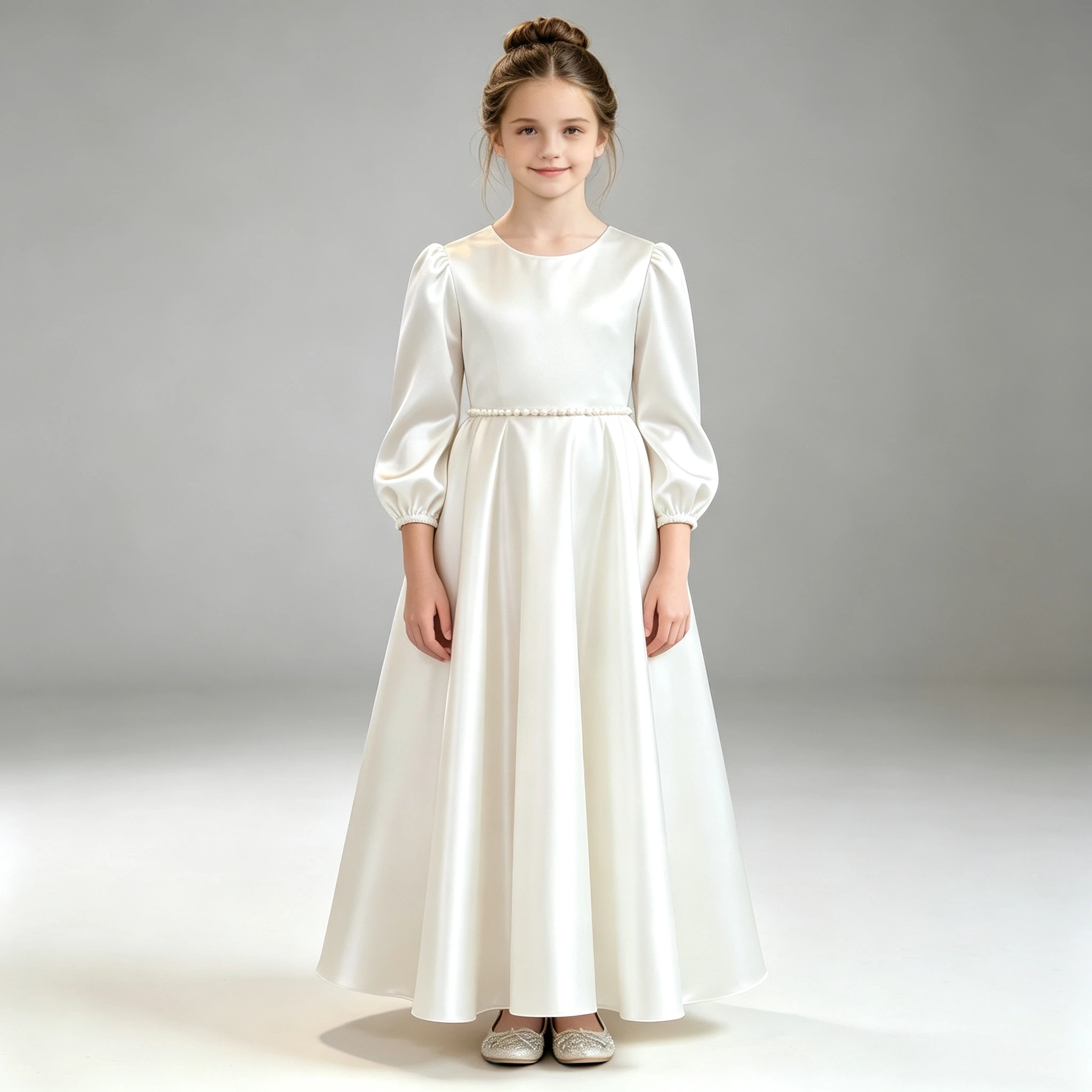 Ivory Satin 1st Communion Dress Round Neck 3/4 Sleeve Pearl Waist Sash Floor Length Modest Church Flower Girl Kids Formal Gown