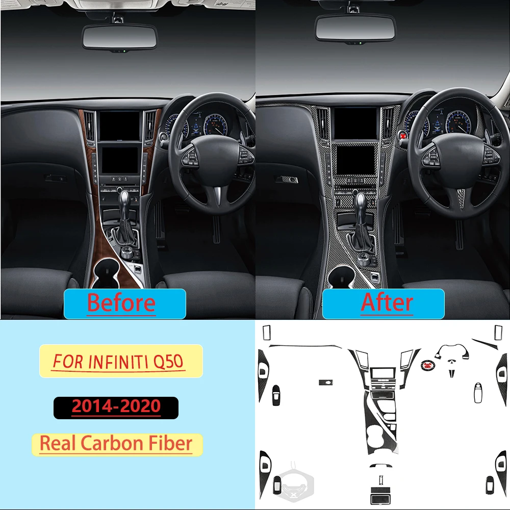 Real Soft Carbon Fiber For Infiniti Q50 2014-2020 Car Complete  Frame Trim Kit Customizable Car Stickers Interior Accessories