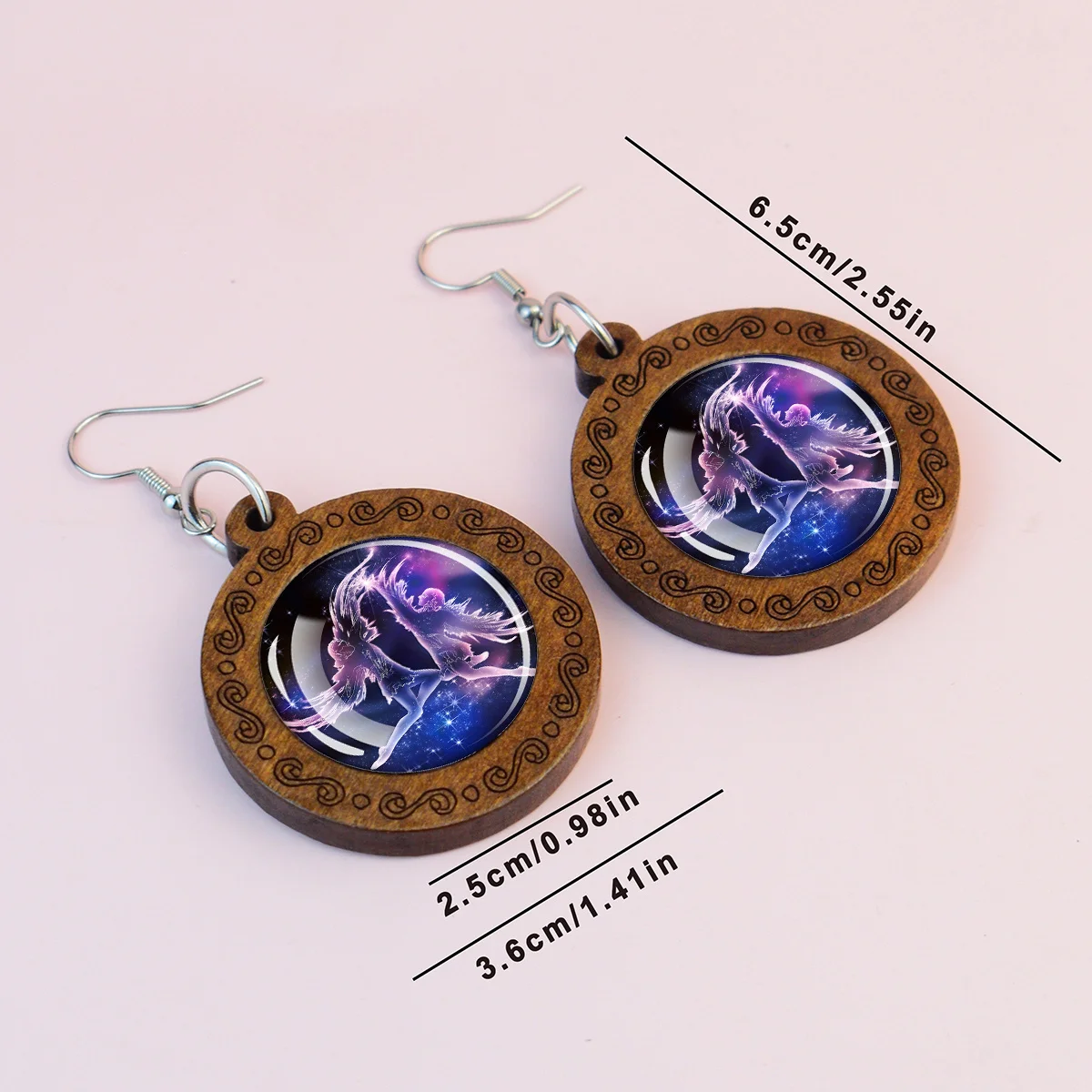 1pair 12 Constellation Theme Wooden Engraved Drop Earrings Bohemian Zodiac Glass Cabochon Pendants Vintage Dangle Earrings Women