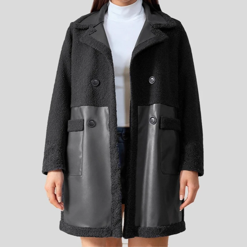 

Reversible Leather Coat Women's Mid Long Faux Fur Lined Plush Winter Parka Vintage