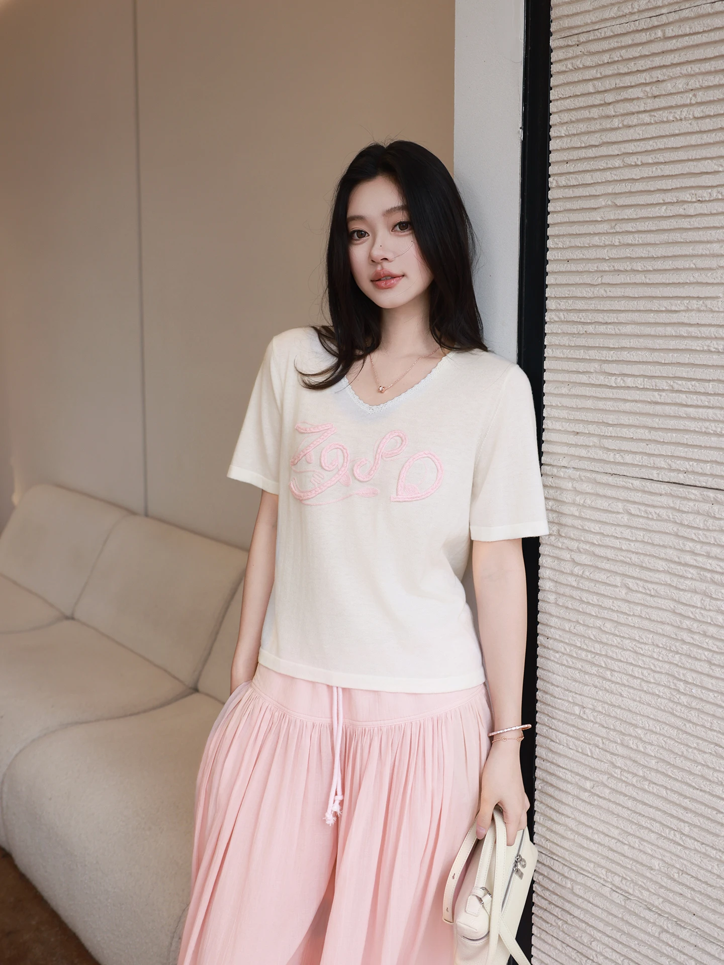 

Fashionable Short Sleeve Knitted T-Shirt Women's Silk Wool Blend Comfortable Breathable ME1980 Wheat Ear Pattern New Arrival