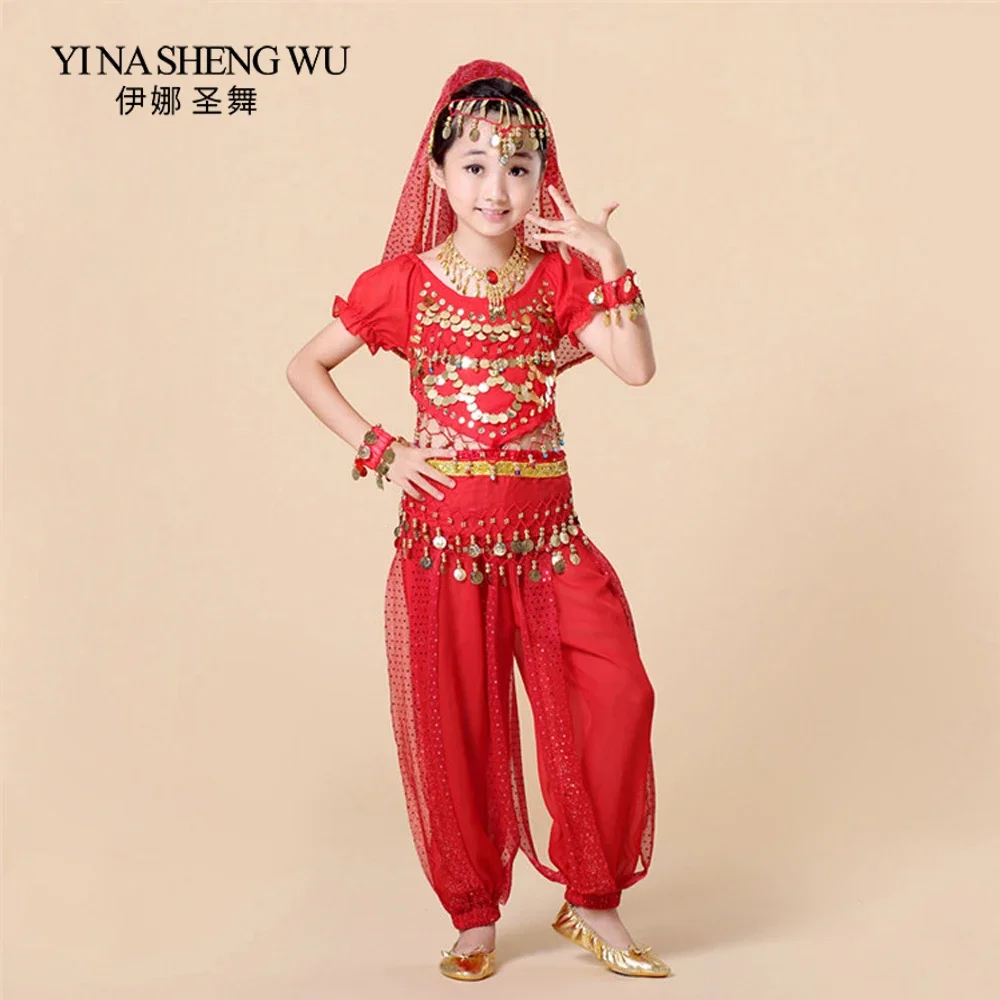 Nuevos trajes de danza del vientre para niños, conjunto de 5 uds (Top + Pantalones + cadena de cintura + pulsera + tocado), trajes de Bollywood para danza del vientre de la India para niños