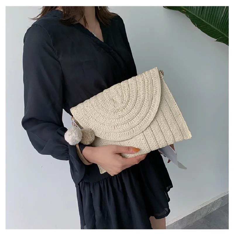 Women Fashion Flap Envelope Bags Summer Beach Bag Handmade Wallet Straw Knitted Handbag Lady Coin Phone Long Purse Clutches 1PC