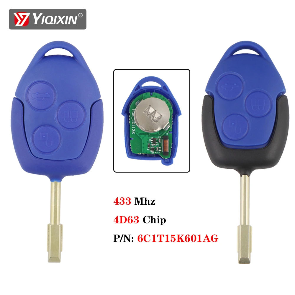 YIQIXIN Car Remote Key For Ford Transit WM VM 2006-2014 P/N: 6C1T15K601AG With Blue/Black Blade 433Mhz 4D63 3 Button