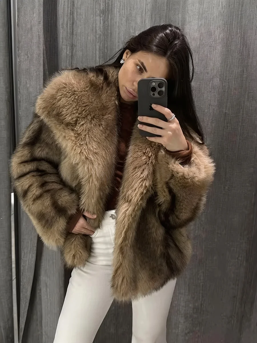 Women Winter Faux Fur Coat 2026 Warm Fluffy Plush Jacket Lapel Open Front Gradient Outwear