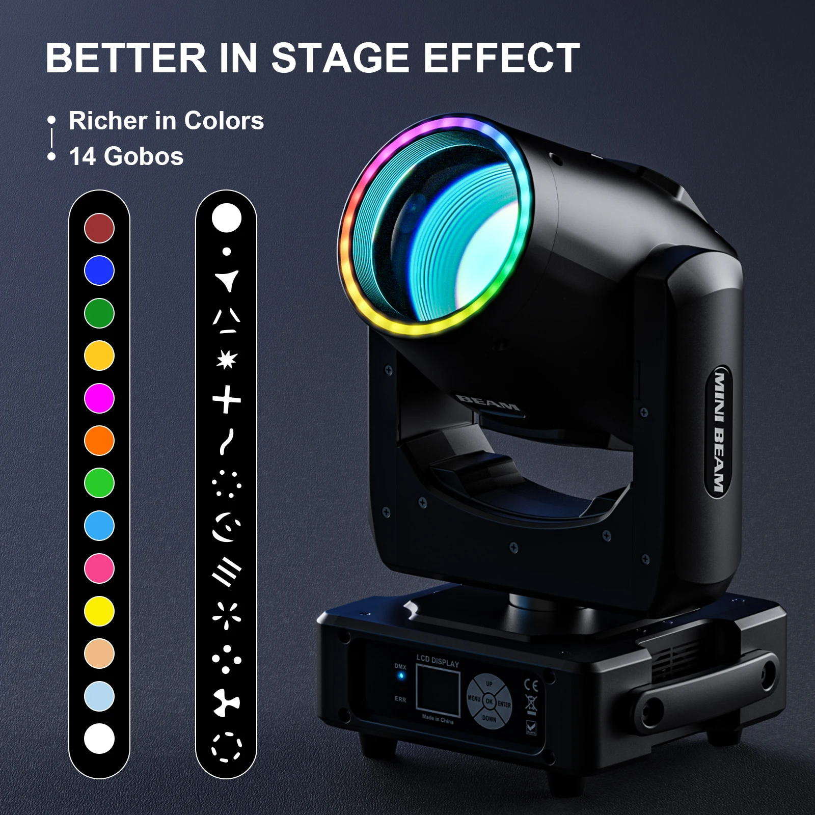 U'King-miniluces de cabeza móvil para escenario, lámpara RGBW con DMX512, 14 Gobos, 13 colores, 18 canales, para DJ, discoteca, fiesta de boda, 230W