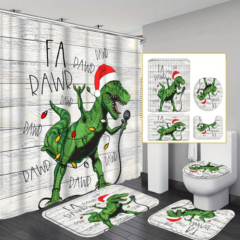 1pcs/4pcs Christmas A Singing Dinosaur Shower Curtain Gift Modern Home Bathroom Decoration Curtain and Toilet Floor Mat 3-piece