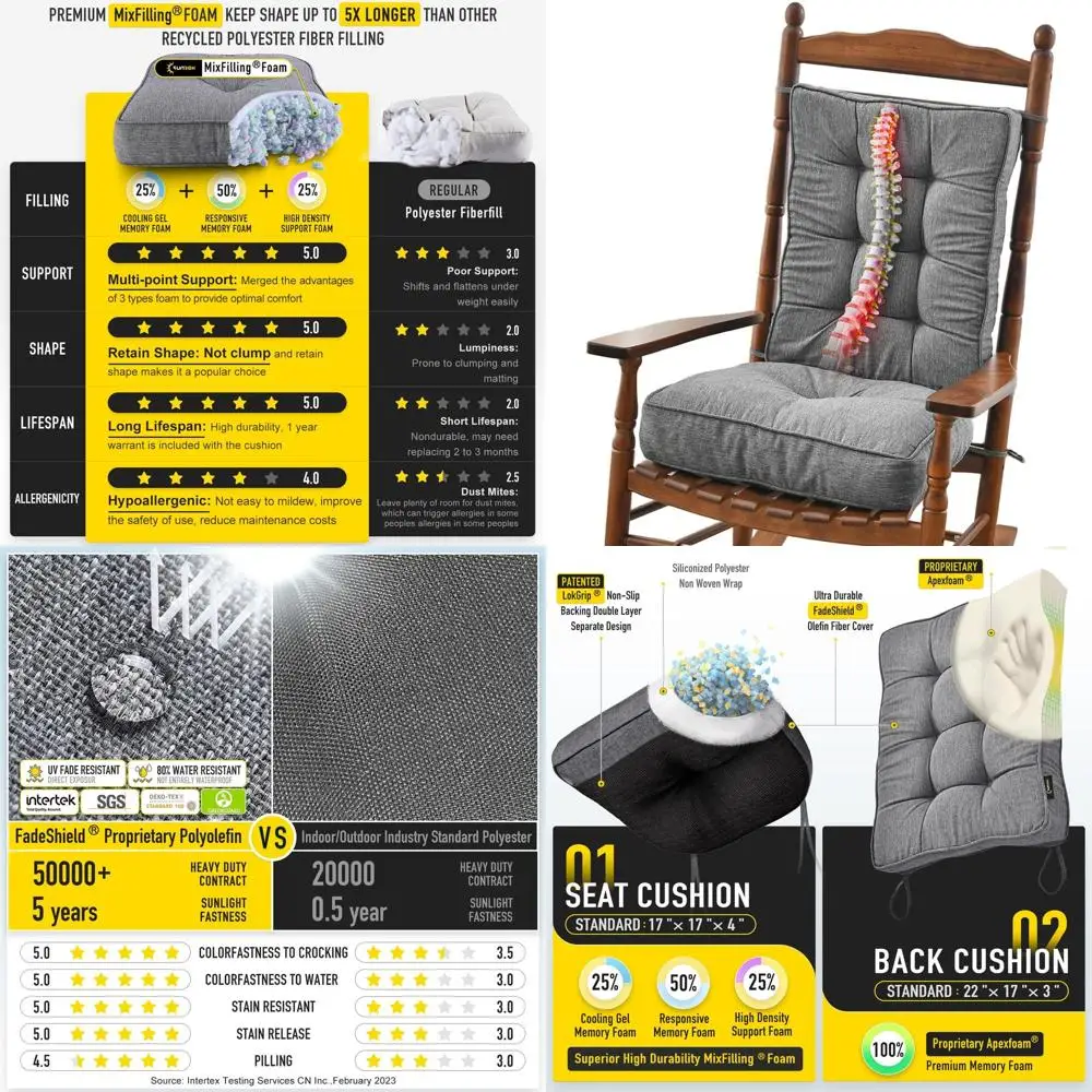 

Non-Slip Memory Foam Rocking Chair Cushion Set, Water-Resistant & Durable, Tufted Seat and Back Cushions with Ties, Indoor/Outdo