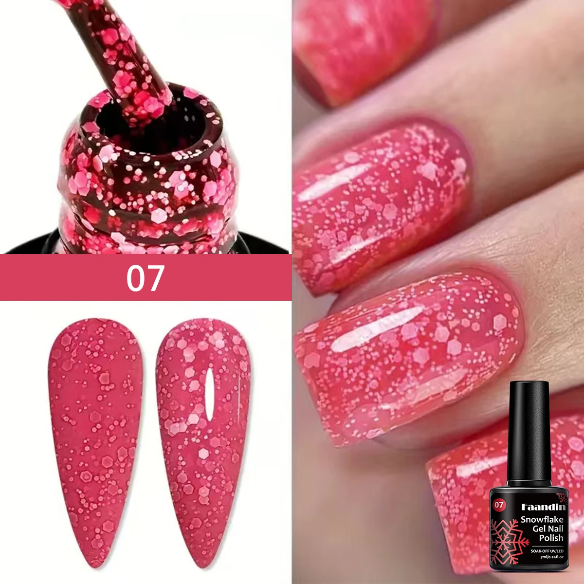 زجاجة Faandin 7 مل 1، طلاء أظافر جل لامع ندفة الثلج، نمط لامع خاص على ندفة الثلج، جل طلاء أظافر عالي الجودة، يدوم طويلاً، قوي، ليس من السهل أن يلمعها، جل طلاء الأظافر، طلاء أظافر عصري للسيدات في الصالونات بالجملة