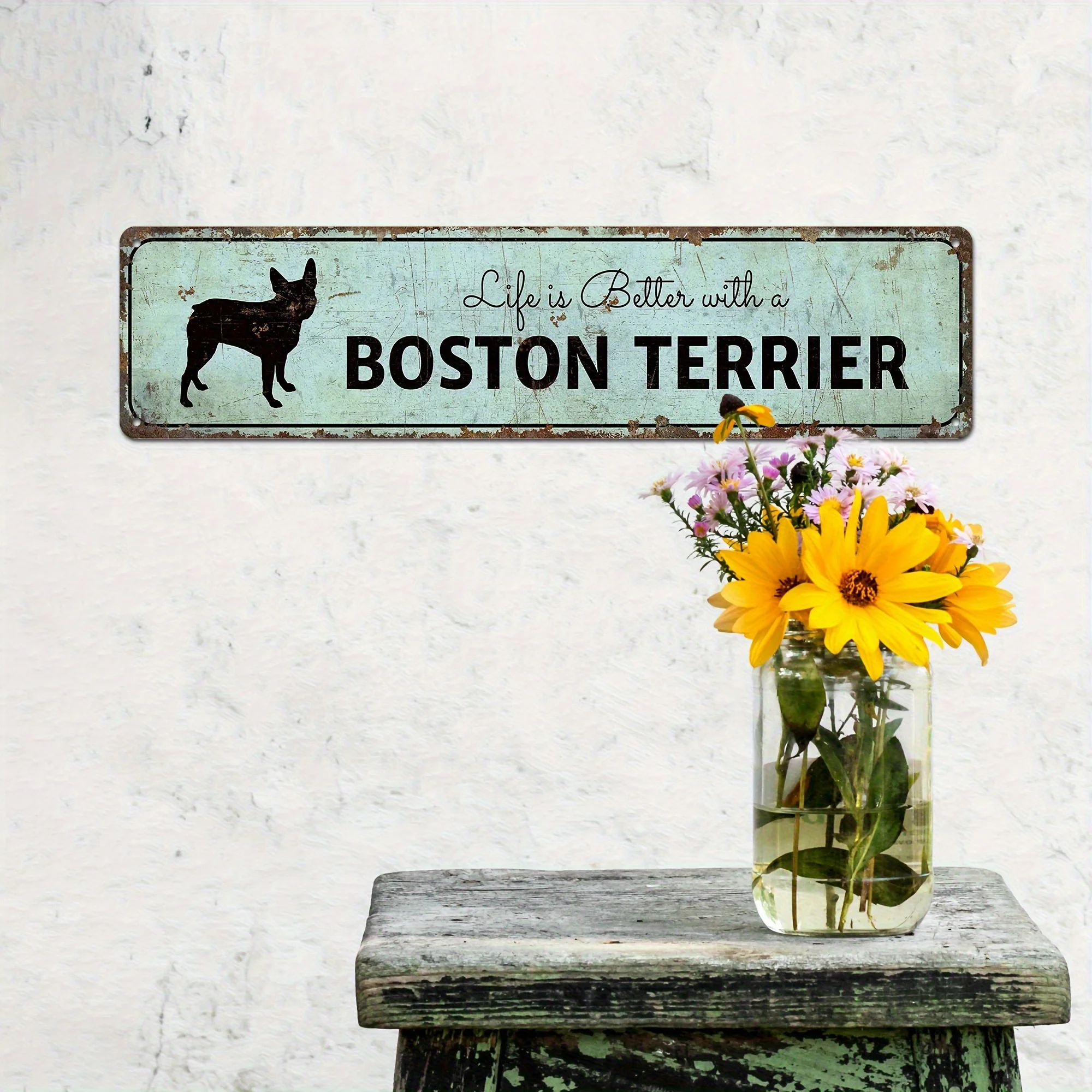 1pc Aluminum Sign - Vintage Pet Lover Decor, Boston Terrier Design, Mint Green Background - Lightweight Wall Hanging