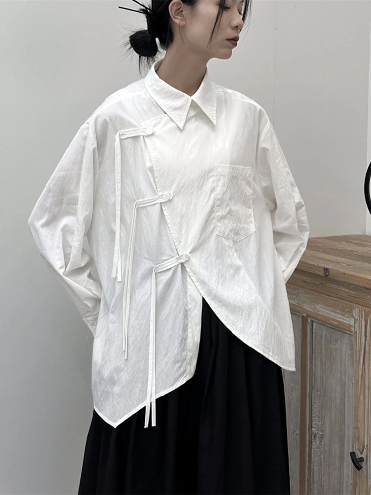 EAM-Chemisier blanc à manches longues et revers pour femme, chemise couvertes, grande taille, strucirrégulier, nouvelle mode, marée, printemps,