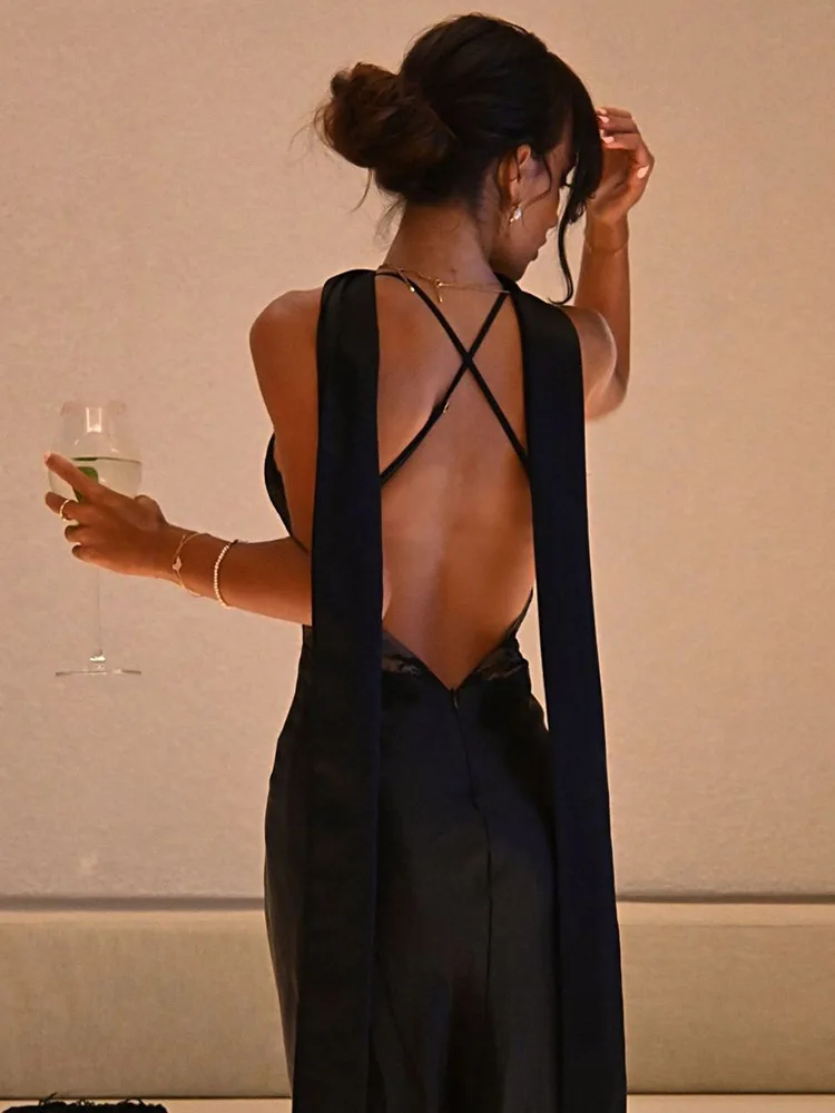 Ahagaga Sexy Lace Women\'s Party Long Dresses Slim V-neck Solid Blackless Mesh Sleeveless Camisole Sheath Regular Vestidos Robes