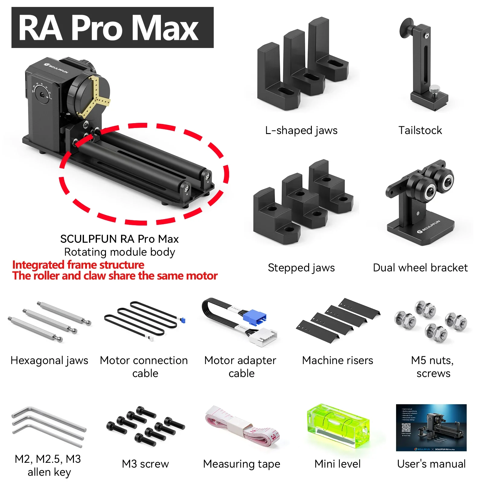 

SCULPFUN RA Pro Max Rotary Chuck Y-axis Rotary Roller Engraving Module with 180° for Cylindrical Objects 4 in 1 Rotary Module