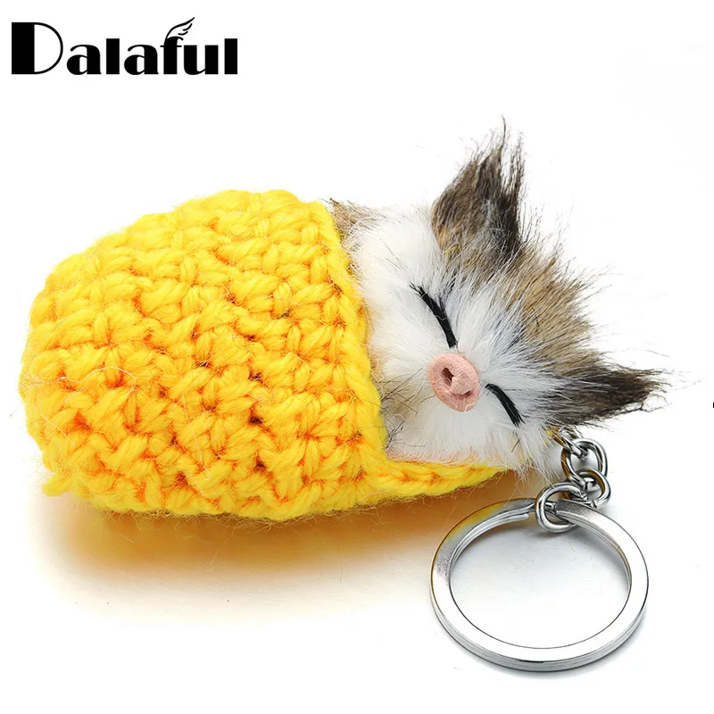 Lovely Sleeping Cat Pompom Keychains Faux Rabbit Fur Cute Kitten Handmade Woven Fluffy Key Chains For Women Girls Gift Car K381