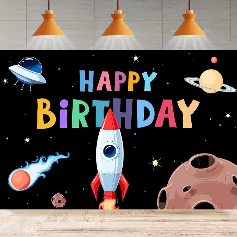 Photography Backdrop Outer Space Rocket Planet Universe Stars UFO Background Happy Birthday Party Backdrop Wall Banner Decor