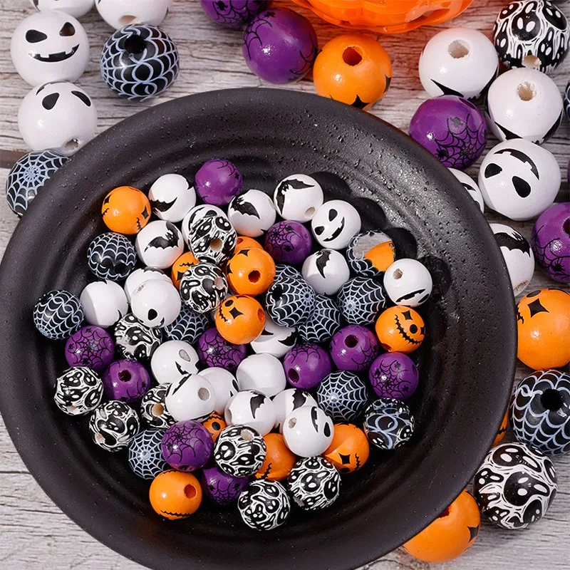 10/20/30Pcs Creative Halloween Printed DIY Colorful Wooden perforated Beads Interesting Pumpkin Spider Web Skull Head Evil Eye