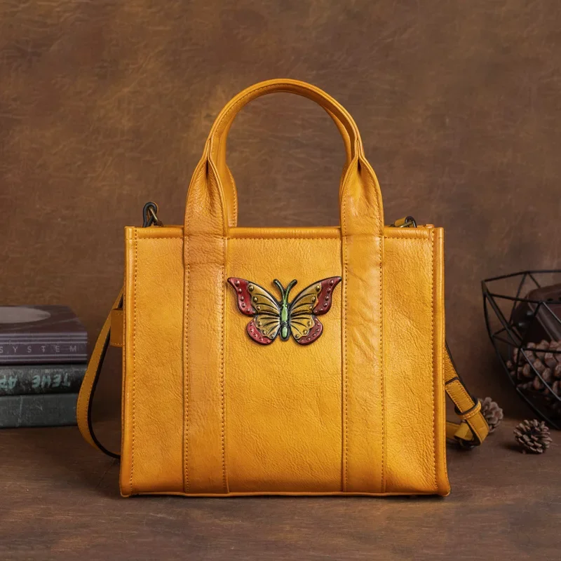 2024 Women's Fashion Genuine Leather Embossing Butterfly Elegant Retro Handbag Shoulder Crossbody Bag Tote Bag Top Handle