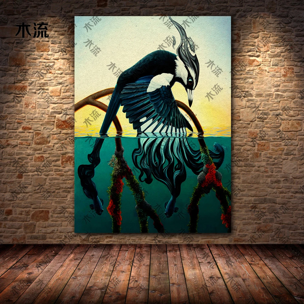 Beautiful Fantasy Bird,Vintage Wall Art Canvas Print,Butterfly Crown & Owl, Hummingbird & Skull,Magic Creature Art, Poster Print