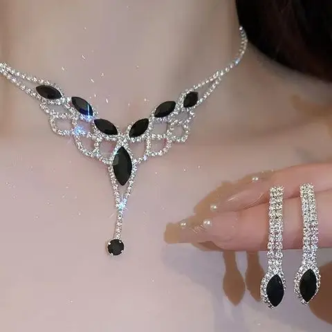 3Pcs Minimalist Rhinestone Necklace And Earrings Set for Women Convertible Hollow Design Nuptial Jewelry Accessory